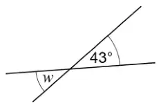 Two straight lines crossing; one angle is 43° and the vertically opposite angle is w