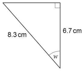 Right-angled triangle. Hypotenuse 8.3 cm. Side 6.7 cm is adjacent to angle w, which is at the bottom vertex