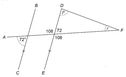 The diagram with 72 marked inside the triangle where DE crosses AF, and 108 marked on the two angles next to it