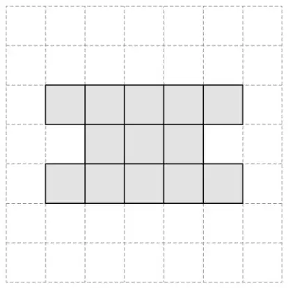 A 7 by 7 grid. Shaded pattern: a row of 5 squares, below it a row of 3 squares in the middle, below that a row of 5 squares