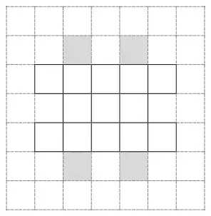 The pattern with one square shaded above and one below each end of the middle row of 3, making four extra squares