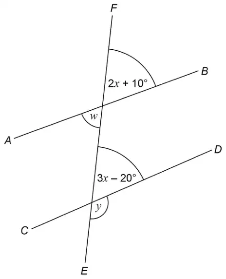 Line EF crosses lines AB and CD. At the crossing with AB, the angle above AB on the B side of EF is 2x + 10 degrees and the angle below AB on the A side is w. At the crossing with CD, the angle above CD on the D side is 3x - 20 degrees and the angle below CD on the D side is y