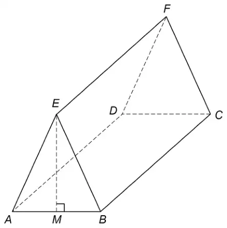 Triangular prism with rectangular base ABCD and triangular ends ABE and DCF. E is above M, the midpoint of AB, with EM shown dashed and perpendicular to AB. The ridge EF is parallel to BC