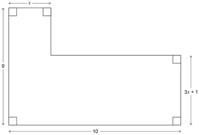 L-shape with all right angles. The full width along the bottom is 10 and the full height on the left is 9. The narrow top part has width x. The right-hand side has height 3x + 1