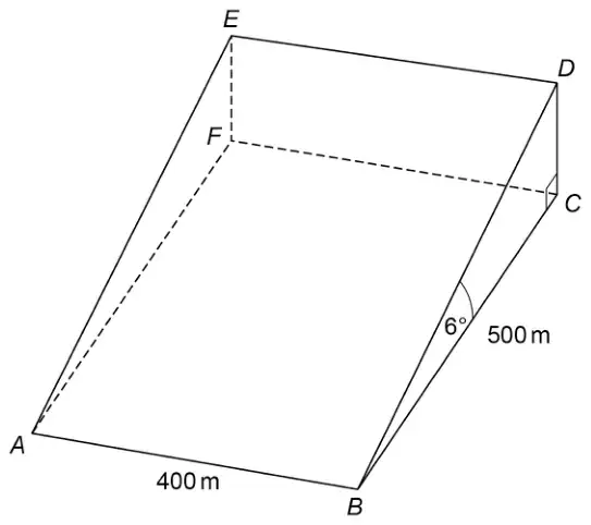 Triangular prism ABCDEF on a horizontal rectangular base ABCF, with AB = 400 m and BC = 500 m. D is vertically above C, E is vertically above F, and angle DBC is 6 degrees