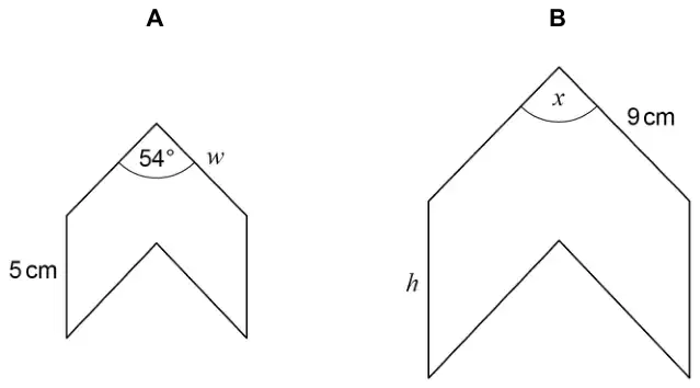 Two similar arrow-head shapes. Shape A has apex angle 54 degrees, a vertical side of 5 cm and a sloping edge labelled w. Shape B has apex angle x, a sloping edge of 9 cm and a vertical side h