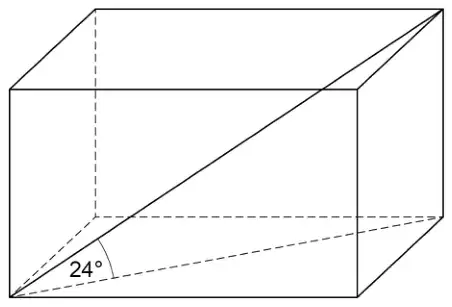 Cuboid with a space diagonal drawn from a bottom corner to the opposite top corner, making an angle of 24° with the diagonal of the base
