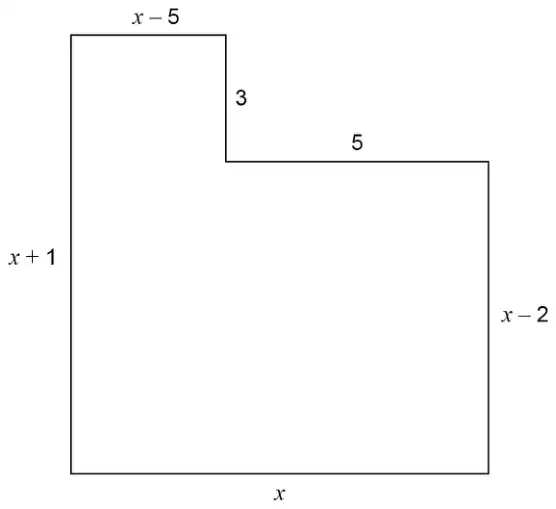 L-shaped floor plan. Bottom side x; left side x + 1; top side x − 5; then a step down of 3 and across 5; right side x − 2.
