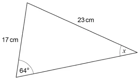 Triangle with sides 17 cm and 23 cm. The 64° angle is at the bottom left, between the 17 cm side and the third side. Angle x is at the right-hand vertex, between the 23 cm side and the third side.