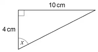 Right-angled triangle. The right angle is at the top left; the top side is 10 cm and the left side is 4 cm. Angle x is at the bottom vertex, between the 4 cm side and the hypotenuse.