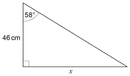 Right-angled triangle with vertical side 46 cm, angle 58 degrees at the top vertex between the 46 cm side and the hypotenuse, and horizontal side x opposite the 58 degree angle