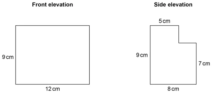 Front elevation: a rectangle 12 cm wide and 9 cm high. Side elevation: an L shape 8 cm wide and 9 cm high on the left, with the top-right part removed so the right-hand 3 cm is only 7 cm high (top edge 5 cm)