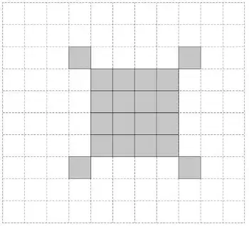 Pattern 4: a 4 by 4 block of squares with a square diagonally off each corner