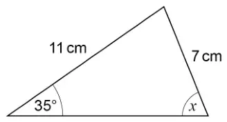 Triangle A with sides 11 cm and 7 cm; the angle of 35° is opposite the 7 cm side and angle x is opposite the 11 cm side