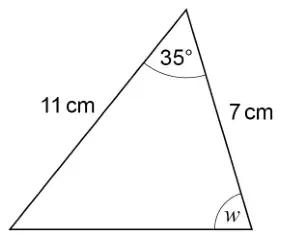 Triangle B with sides 11 cm and 7 cm meeting at an angle of 35°; angle w is between the 7 cm side and the third side