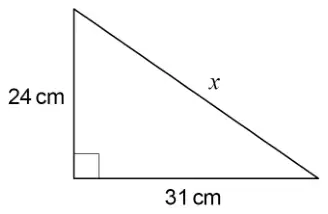 Right-angled triangle with shorter sides 24 cm and 31 cm and hypotenuse x