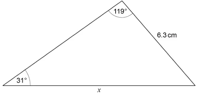 Triangle with base x. The angle at the left end of the base is 31°. The angle at the top vertex is 119°. The side from the top vertex to the right end of the base is 6.3 cm