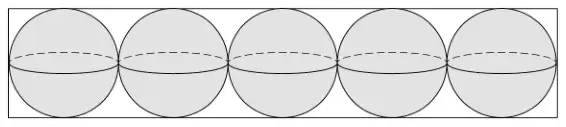 Five identical spheres in a row, touching each other, inside a cylinder shown from the side. The spheres touch both ends and the sides of the cylinder