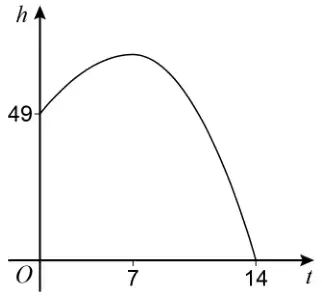 Sketch graph of h against t. The curve starts at h = 49 on the vertical axis, rises to a maximum above 49 at t = 7, then falls to meet the t-axis at t = 14. The 7 is closer to 0 than to 14 on the t-axis