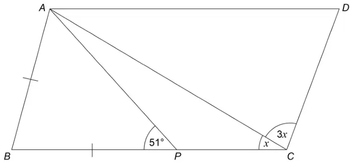Parallelogram ABCD with P on BC. AB and BP are marked equal. Lines AP and AC are drawn. Angle APB is 51 degrees; at C, angle ACB is x and angle ACD is 3x