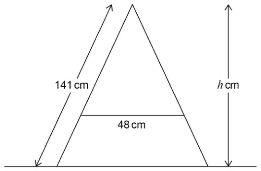 Side view of a step ladder standing on the ground: an isosceles triangle with slant side 141 cm, a horizontal strut of 48 cm and vertical height h cm