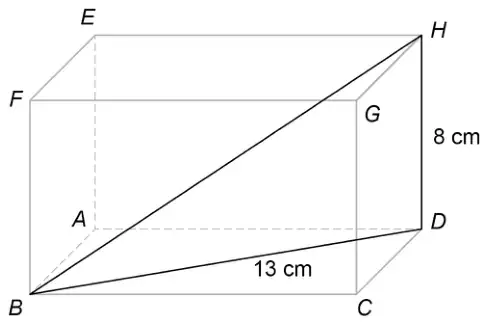 Cuboid ABCDEFGH with base ABCD and top EFGH; diagonal BD of the base is 13 cm, vertical edge DH is 8 cm, and line BH is drawn