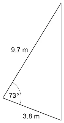Triangle with sides 9.7 m and 3.8 m meeting at an angle of 73 degrees