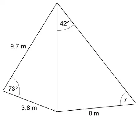 The first sail (sides 9.7 m and 3.8 m with included angle 73 degrees) shares its vertical third side with a second triangle. In the second triangle the angle at the top is 42 degrees, the side from the bottom of the shared side is 8 m, and the angle opposite the shared side is x