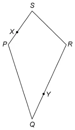 Quadrilateral PQRS with point X marked on PS and point Y marked on RQ