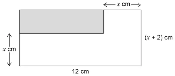 A large rectangle with width 12 cm and height (x + 2) cm. A shaded rectangle sits in its top left corner. The gap between the shaded rectangle and the right side is x cm, and the unshaded part below the shaded rectangle has height x cm