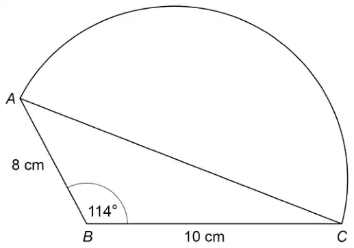 Triangle ABC with AB = 8 cm, BC = 10 cm and angle ABC = 114°. A semicircle is drawn on AC on the opposite side from B