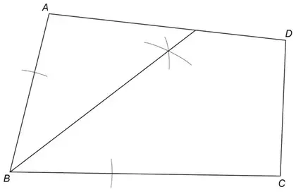 Quadrilateral ABCD with arcs centred on B cutting BA and BC, two intersecting arcs from those points, and the bisector of angle ABC drawn from B to AD