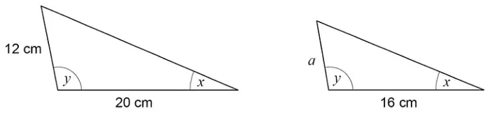 Two similar triangles, each with angles x and y. The first has sides 12 cm and 20 cm with angle y between them. The second has sides a and 16 cm with angle y between them