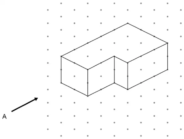 An L-shaped solid drawn on isometric dotted paper, with an arrow labelled A pointing at the shape from the front left