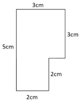 L-shaped plan: top side 3 cm, left side 5 cm, right side 3 cm down, then a step in, then 2 cm down, bottom side 2 cm