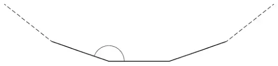 Three consecutive sides of a regular polygon, with dashed lines continuing at each end and one interior angle marked