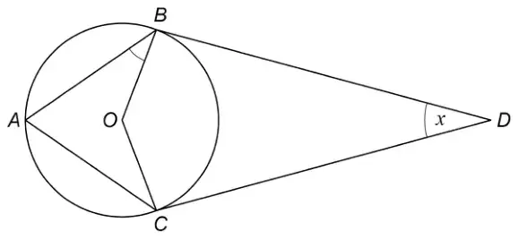 Circle centre O with A, B and C on the circumference. Tangents from D touch the circle at B and C. Lines AB, AC, OB and OC are drawn. Angle BDC is x and angle ABO is marked.