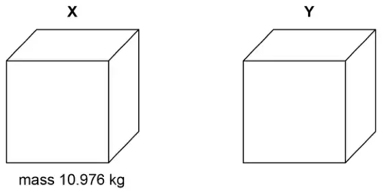 Two cubes labelled X and Y, with cube X labelled mass 10.976 kg