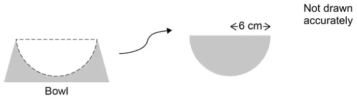 Sketch of the frustum with a hemisphere of width labelled 6 cm removed from its top, leaving the bowl. Not drawn accurately