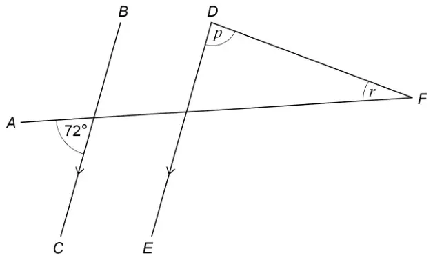 Parallel lines BC and DE crossed by line AF; the angle between AF and BC at their intersection is 72°; triangle DF with angle p at D and angle r at F