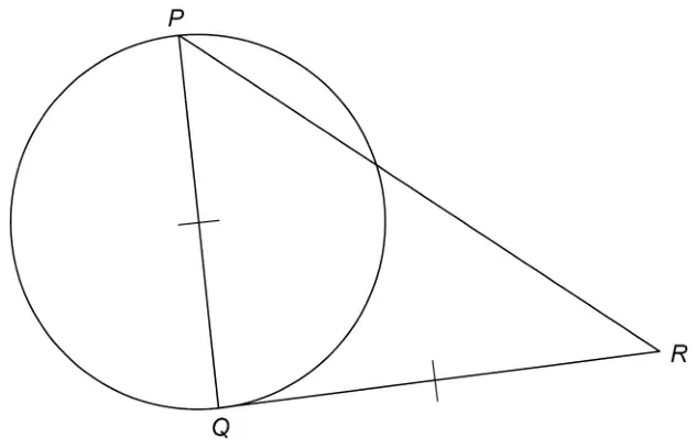 Circle with diameter PQ; QR is a tangent at Q, with PQ and QR marked equal; P is joined to R