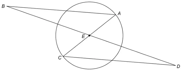 Circle with centre E and diameter AC; line BD passes through E with B and D outside the circle; triangles ABE and CDE are drawn