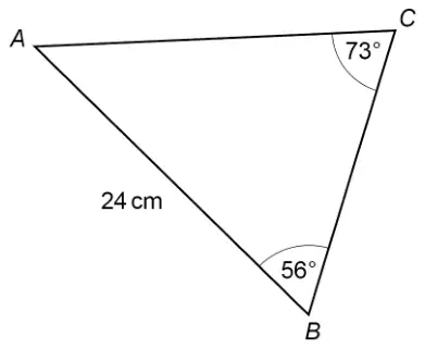 Triangle ABC with AB = 24 cm, angle ABC = 56° and angle ACB = 73°