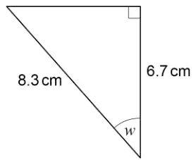 Right-angled triangle with hypotenuse 8.3 cm and vertical side 6.7 cm; angle w is between the hypotenuse and the 6.7 cm side