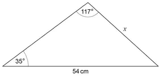 Triangle with base 54 cm. The angle at the left end of the base is 35°. The angle at the top vertex, opposite the base, is 117°. The side x joins the top vertex to the right end of the base