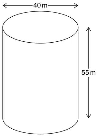 A cylinder with diameter 40 m across the top and height 55 m