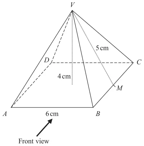 Square-based pyramid VABCD with base edge AB of 6 cm, vertical height 4 cm, and slant height VM of 5 cm where M is the midpoint of BC; an arrow labelled front view points at face VAB