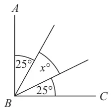 Right angle ABC split by two lines into angles 25°, x° and 25°