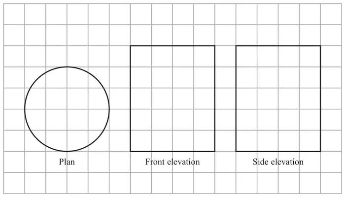 On a centimetre grid: the plan is a circle of diameter 4 cm; the front elevation and side elevation are each a rectangle 4 cm wide and 5 cm high