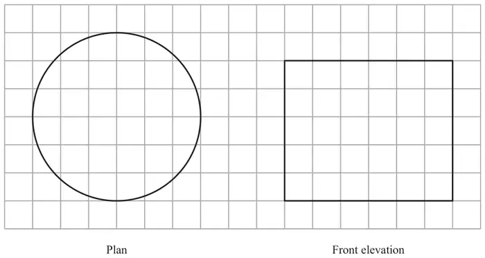 Centimetre grid showing the plan, a circle of diameter 6 cm, and the front elevation, a rectangle 6 cm wide and 5 cm high